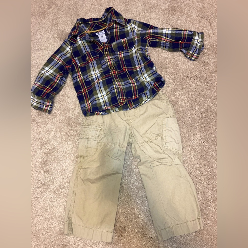 Baby boy OUTFIT: cargo khaki pants, Carters button down flannel, size 12 months